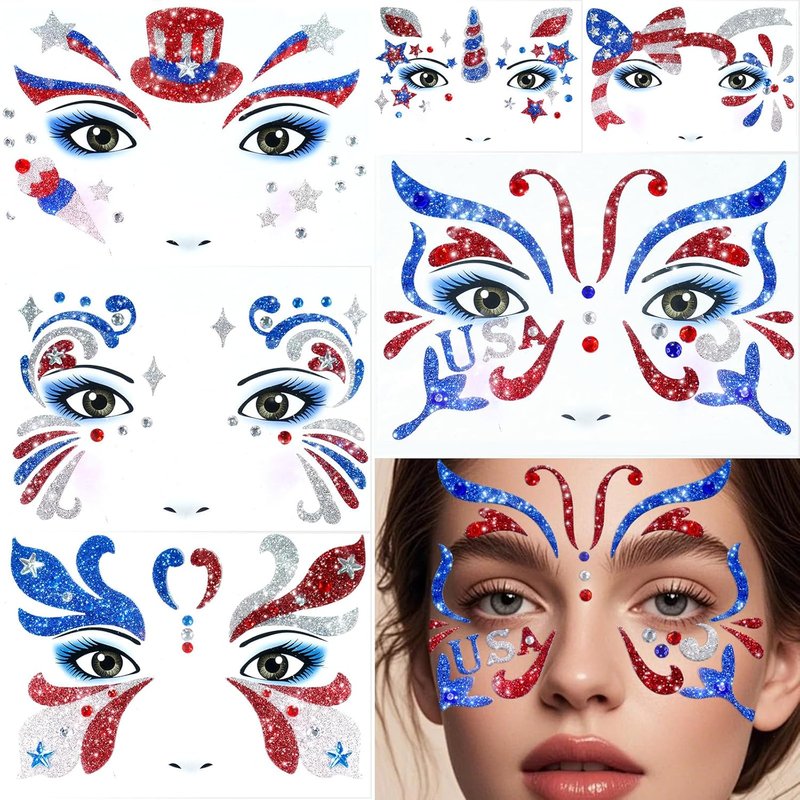 Independence Day Temporary Tattoos - 6Pcs Red, White & Blue Glitter Face Stickers | Self-Adhesive Star Art for 4th of July