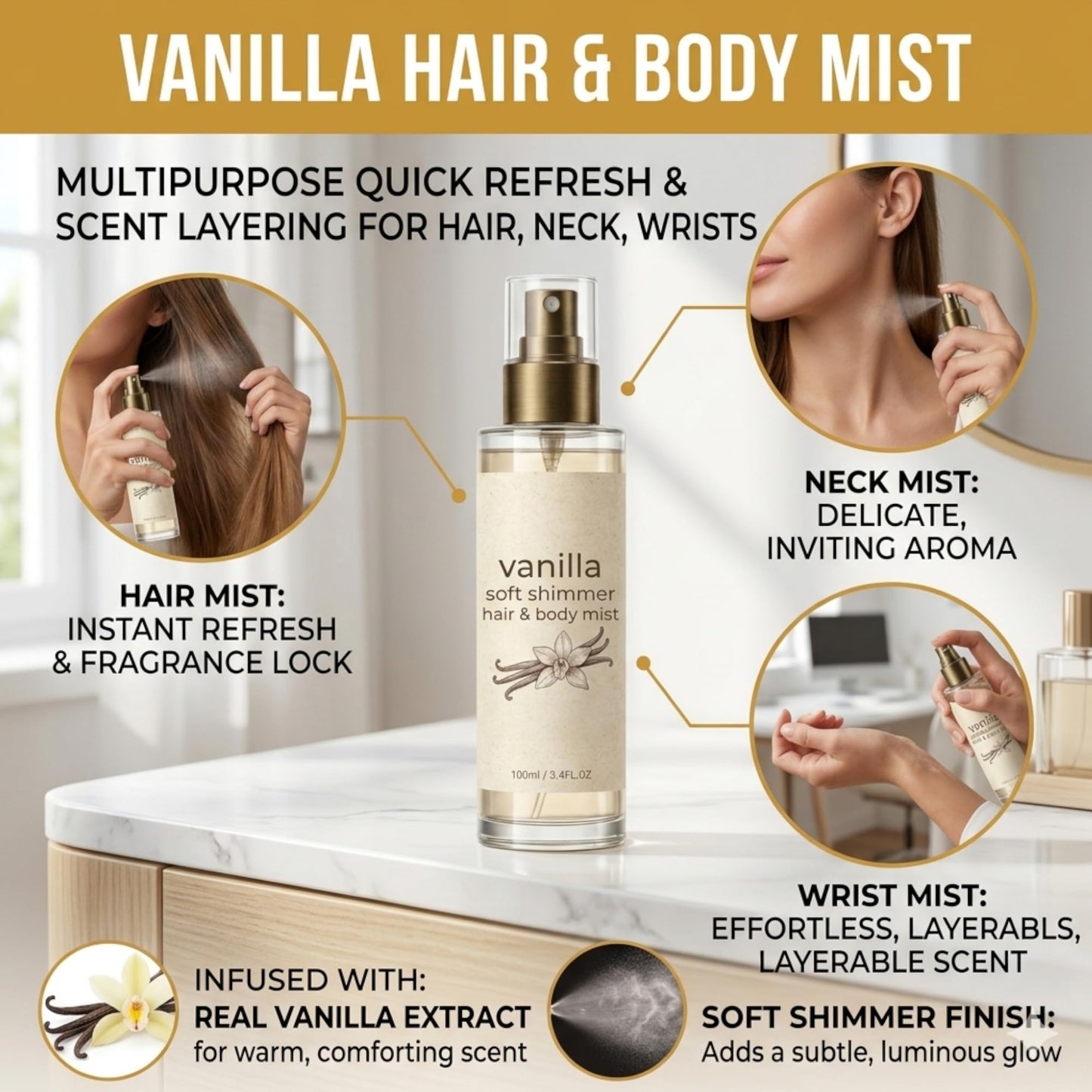 Vanilla On The Beach Hair and Body Mist, Vanilla Body Spray for Women with Pink Pepper, Cashmere Wood & Sandalwood, Suitable for Daily Use, Travel, Gifts-100ml