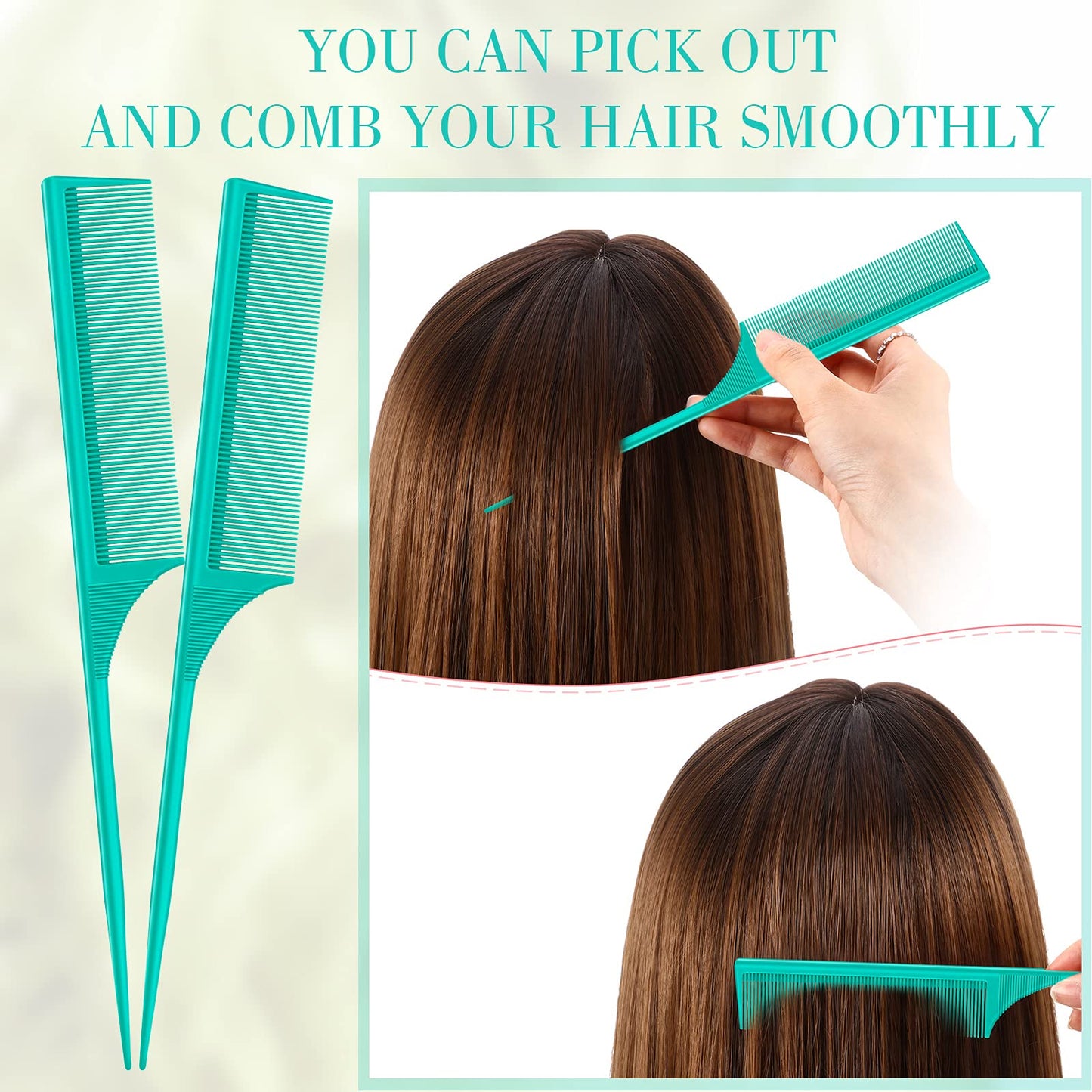 Leinuosen 2 Pack 9 Inch Rat Tail Comb for Women Fine Tooth Parting Comb Carbon Fiber Heat Resistant Teasing with Plastic Pick Hair Styling Thin Lightweight for Women Men(Green)