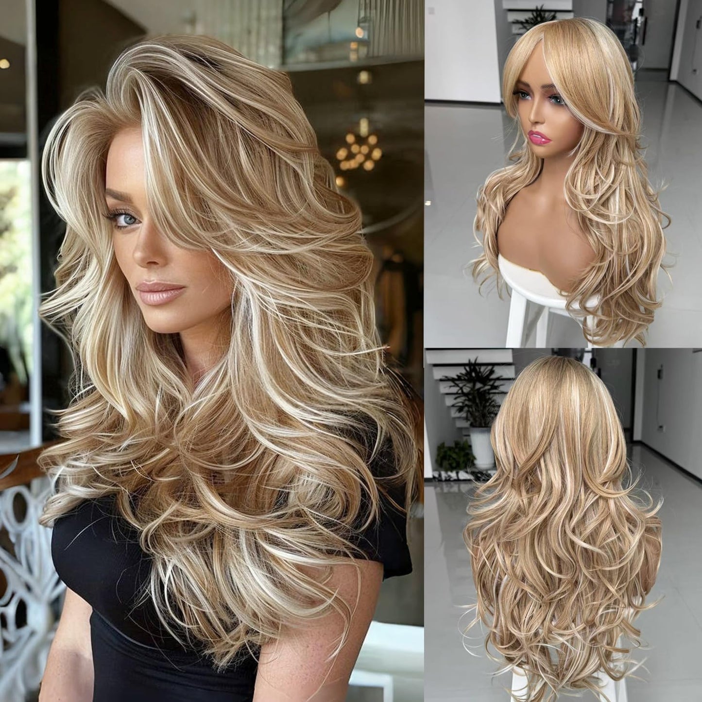 Long Black Wavy Wig for Women - Layered Synthetic Hair with Curtain Bangs | 24-Inch Natural Look