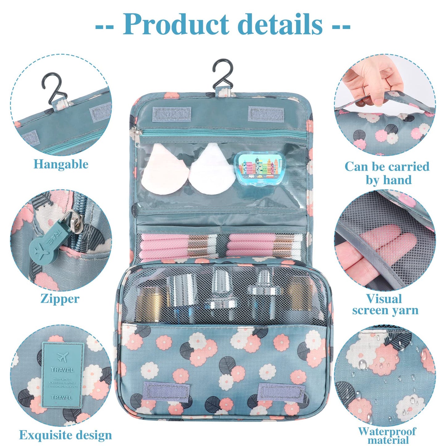 Pengxiaomei Hanging Toiletry Bag, White & Pink Little Flowers Waterproof Cosmetic Bag Portable Travel Makeup Pouch Wash Bag with Handle for Woman Teen Girl Gifts