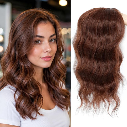 Hair Topper for Women - 16 Inch Synthetic Curly Wavy Clip-In with Curtain Bangs | Auburn Brown Volume Boost