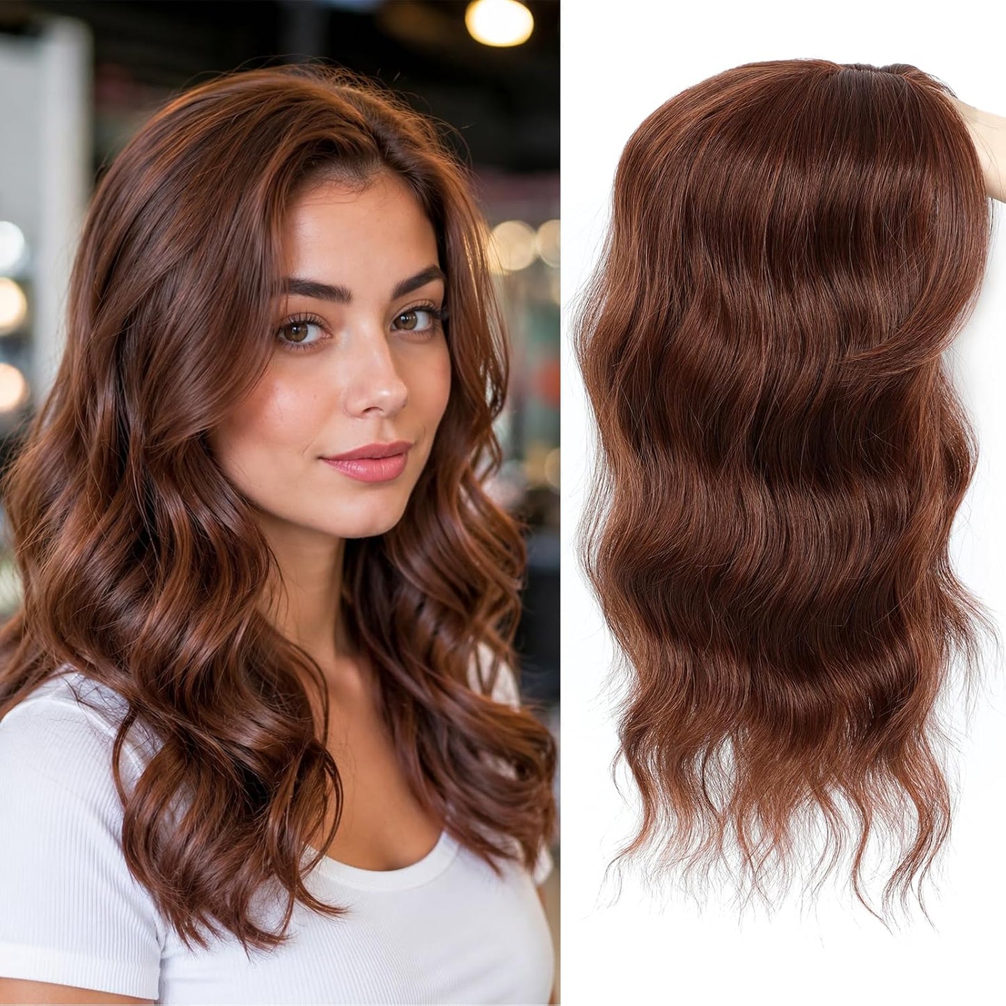 16 Inch Hair Topper for Women - Synthetic Curly Wavy Clip-In with Curtain Bangs | Natural Crown Coverage in Chestnut Brown