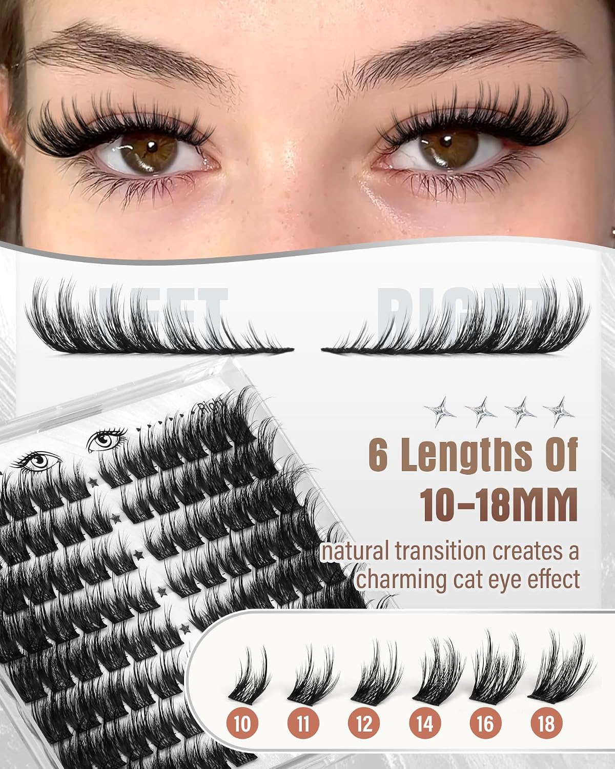 Cat Eye Lash Clusters Kit - Wispy Individual Eyelash Extensions | Pre-Mapped 10-18MM with Bond & Seal, Tweezers