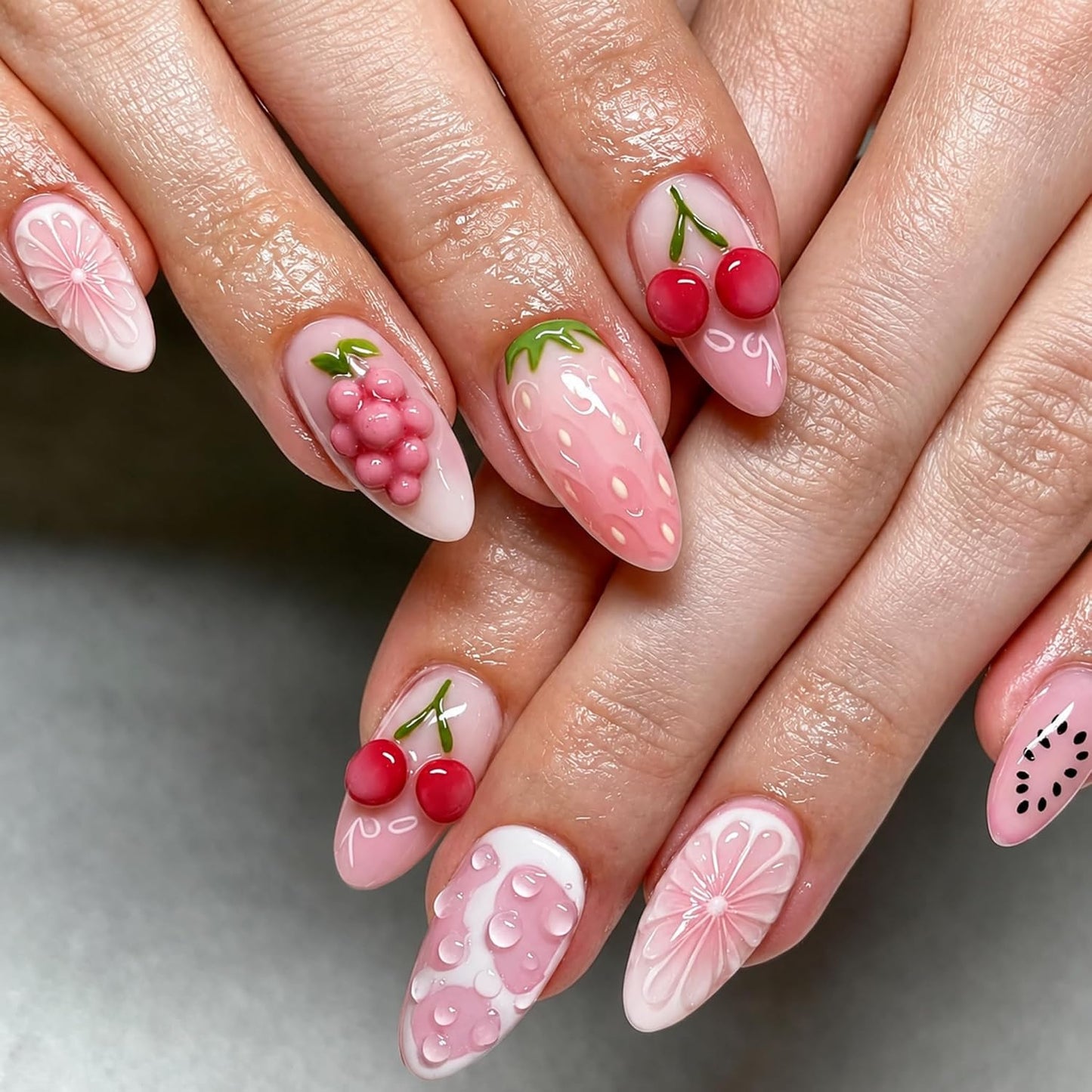 Almond Press-On Nails - Ombre French Tip with Butterfly Designs | 24 Pcs Set for Women