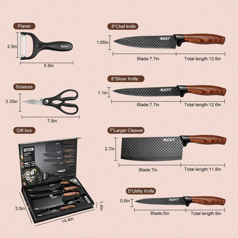 KEPEAK 6PCS Knife Set, Kitchen Knife Set with Nonstick Diamond Coating, High Carbon Stainless Steel Chef Knife Set with Cleaver and Scissors, Rustproof, Gift Box, for Home Kitchen, Chef Gifts