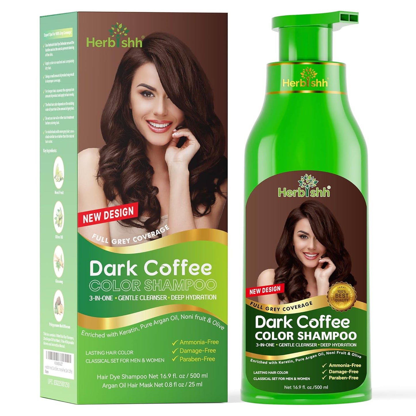 Herbishh Hair Color Shampoo for Gray Hair - Ammonia-Free Magic Dye | Long-Lasting Dark Brown - 500ml