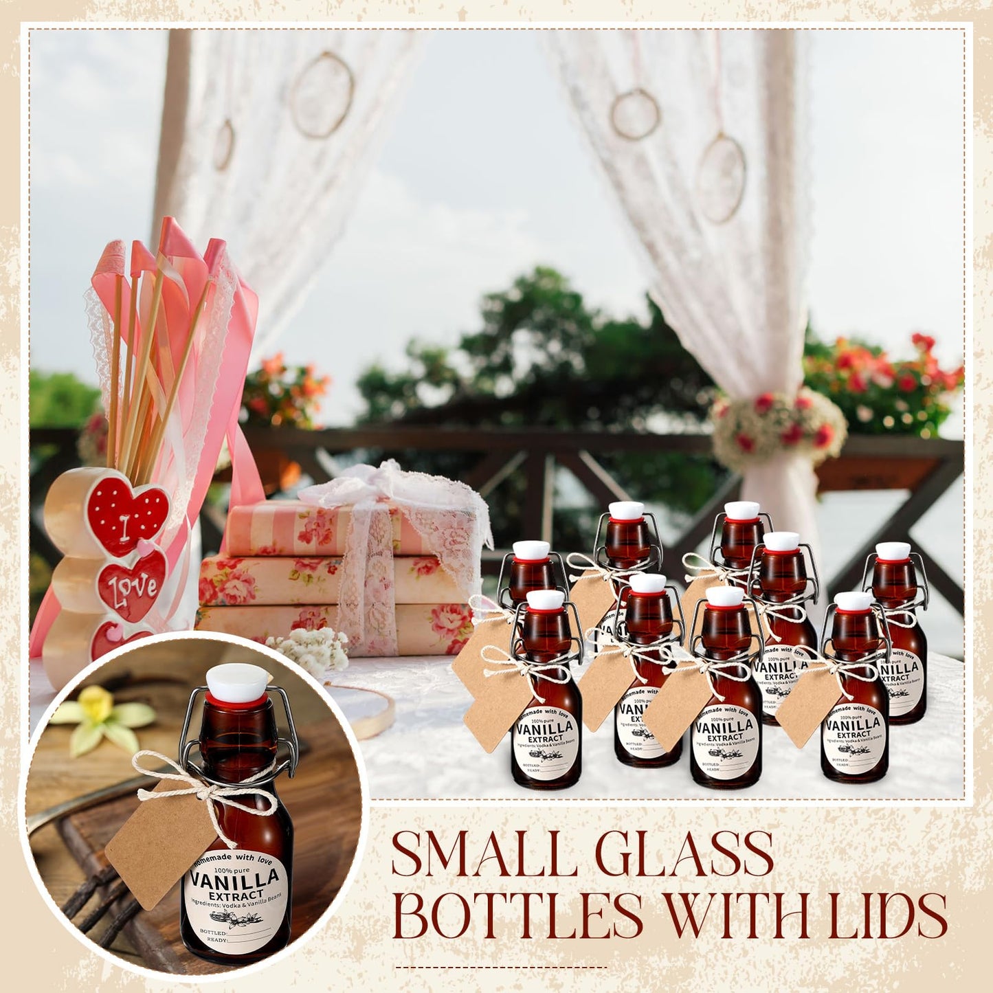 Vesici 12 Sets Swing Top Glass Bottles Set Amber Homemade Vanilla Extract Bottles Vanilla Extract Jars for Christmas DIY Crafts (2 Oz)