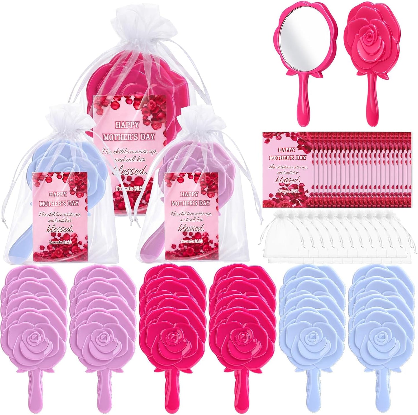 RattanView Handheld Rose Makeup Mirrors - Compact Floral Design | 24 Sets with Organza Bags for Women