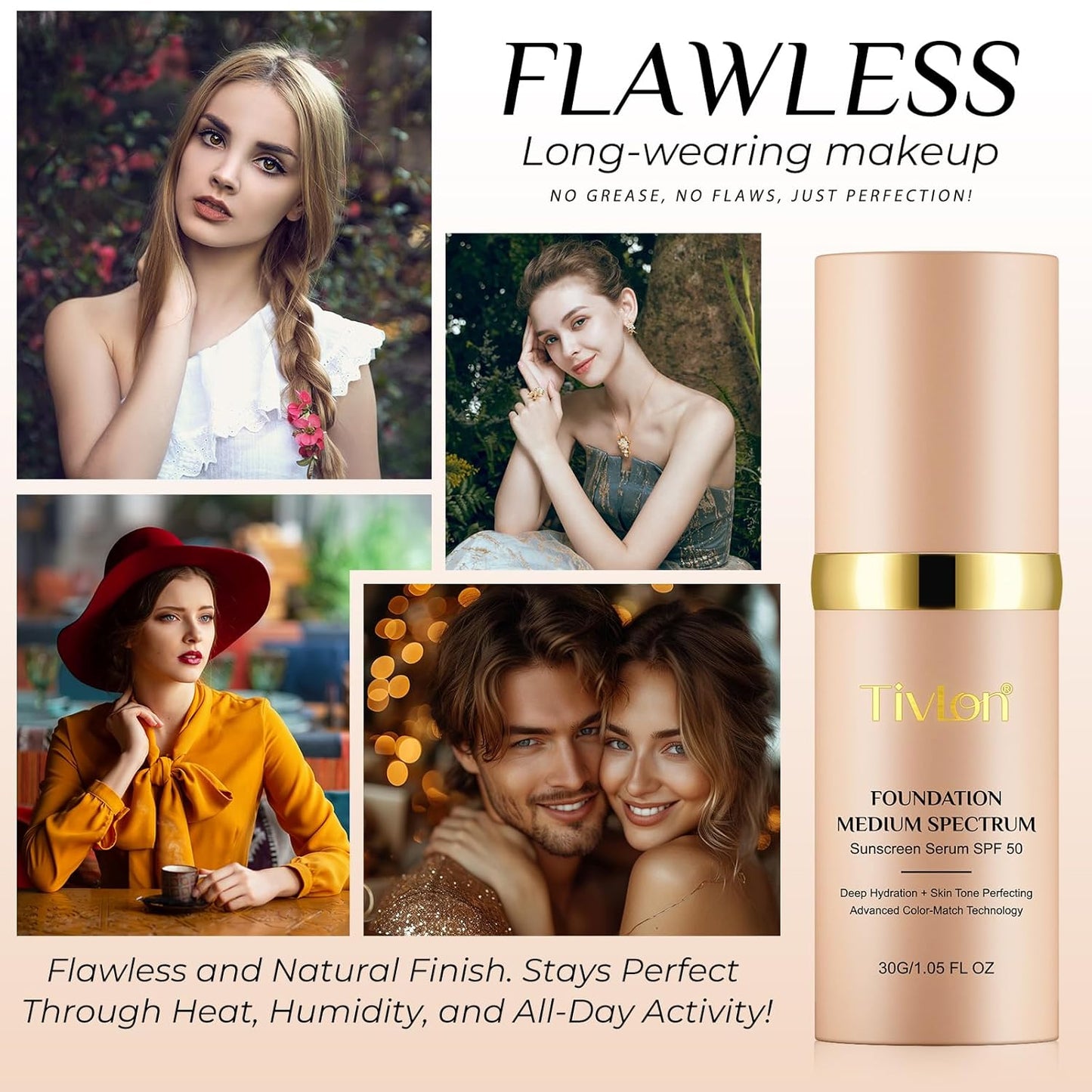 Foundation 4 in 1 - Medium Spectrum SPF 50+ | Hydrating, Anti-Aging, Waterproof Makeup Liquid (30ml)