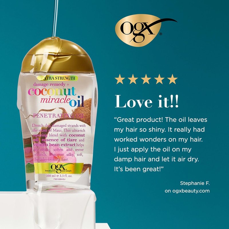OGX Extra Strength Coconut Miracle Oil Treatment - Hydrating Anti-Frizz Hair Oil for Coarse, Dry Hair | 3.3 Fl Oz