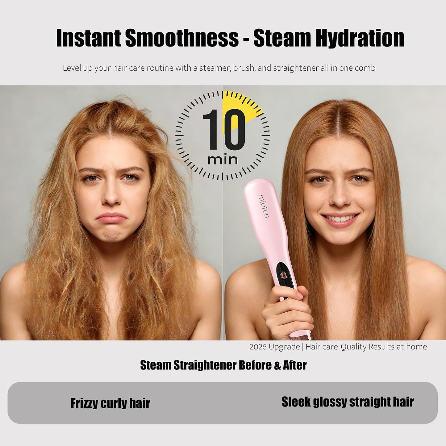 Steam Hair Straightener Brush - 3-in-1 Anti-Frizz Tool for Curly, Thick & Short Hair | Dual Voltage, Reduced Heat Damage