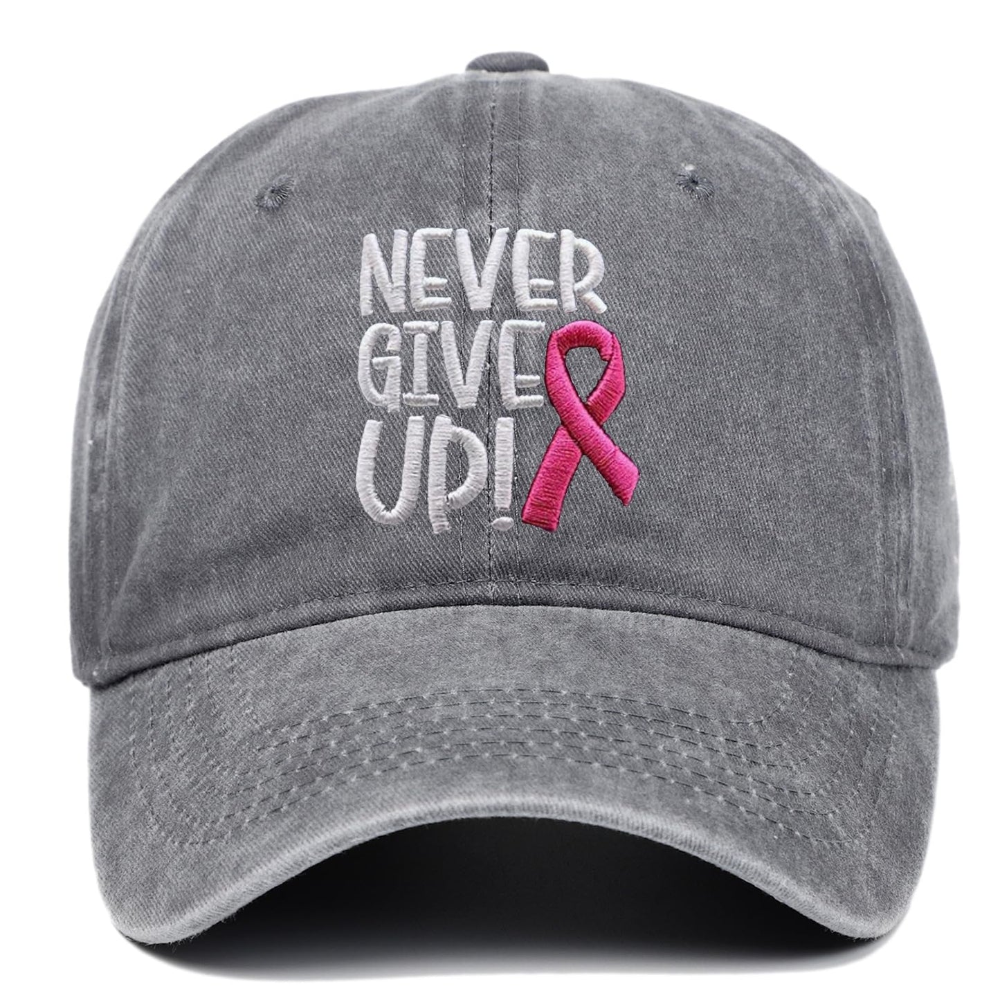 Never Give Up Pink Ribbon Baseball Cap, Breast Cancer Awareness Hat, Adjustable Washed Cotton Hat Survivor Support Gift