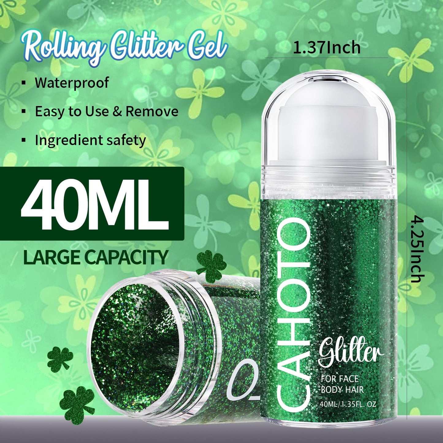 CAHOTO Green Rolling Glitter for Face Body & Hair, Roll-on Sequins for St. Patrick's Day, Sparkling Accessories for Christmas Concert Rave Festival Halloween Party Mardi Gras Carnival, 1.35fl.oz