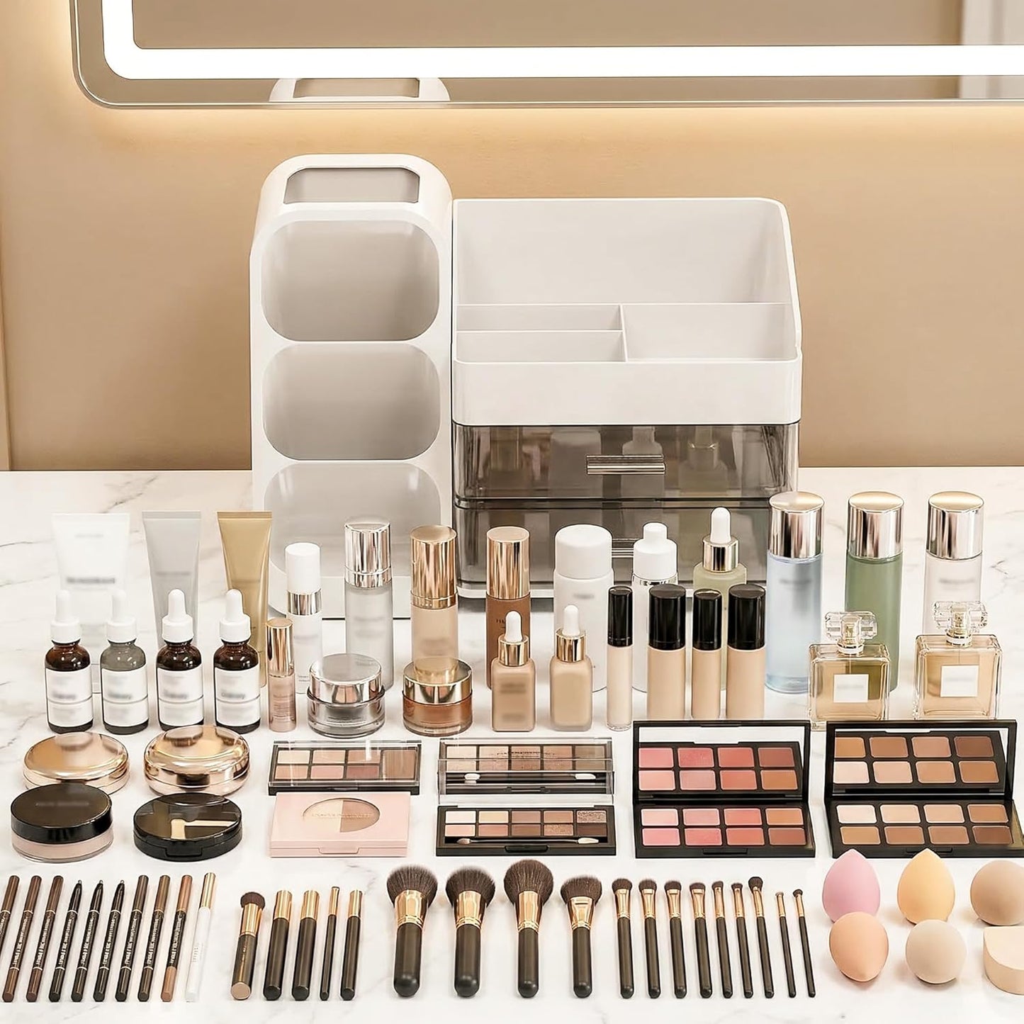 Large Capacity Makeup Organizer - Thickened Material Vanity Storage | White Countertop Holder for Brushes & Skincare