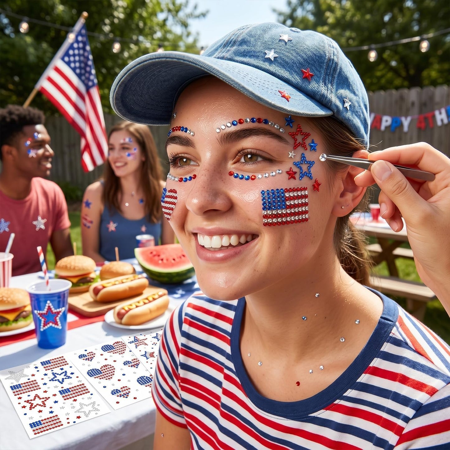 4th of July Face Gems Self Adhesive Blue Red Star Face Jewels for Women, American Flags Face Rhinestones Stickers Fourth of July Accessories Country Party Decorations for Face Body Hair