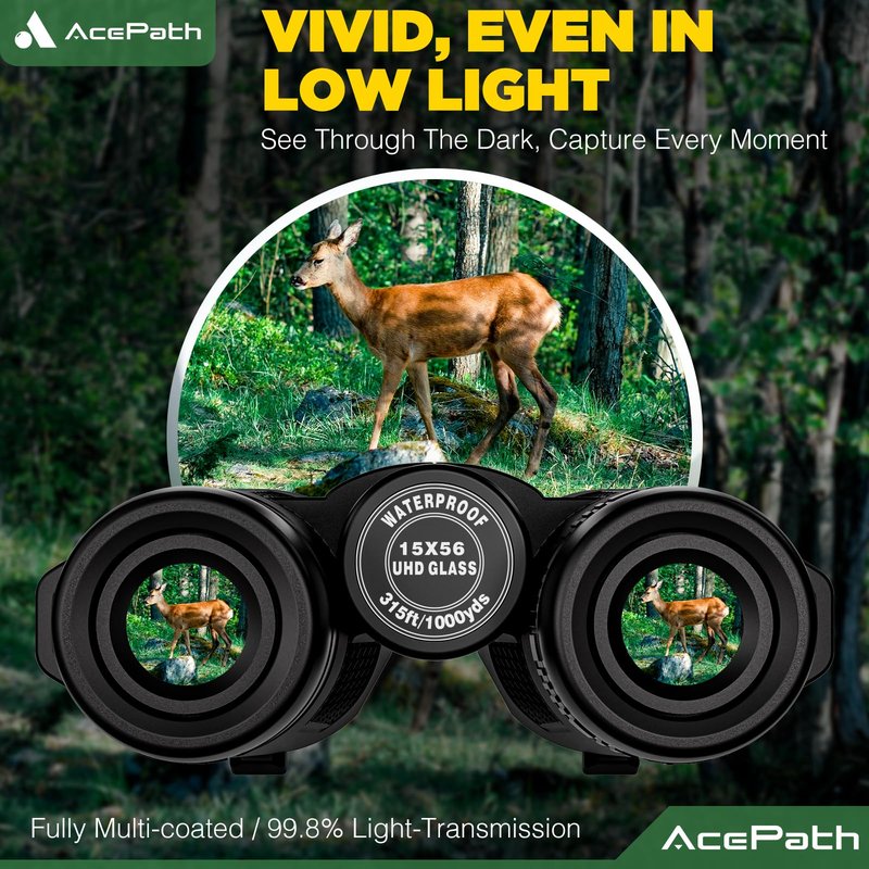 AcePath 15x56 Binoculars for Adults High Powered - Large View Binoculars with Clear Low Light Vision - Waterproof Compact Binocular for Hunting Camping Cruise Travel Bird Watching
