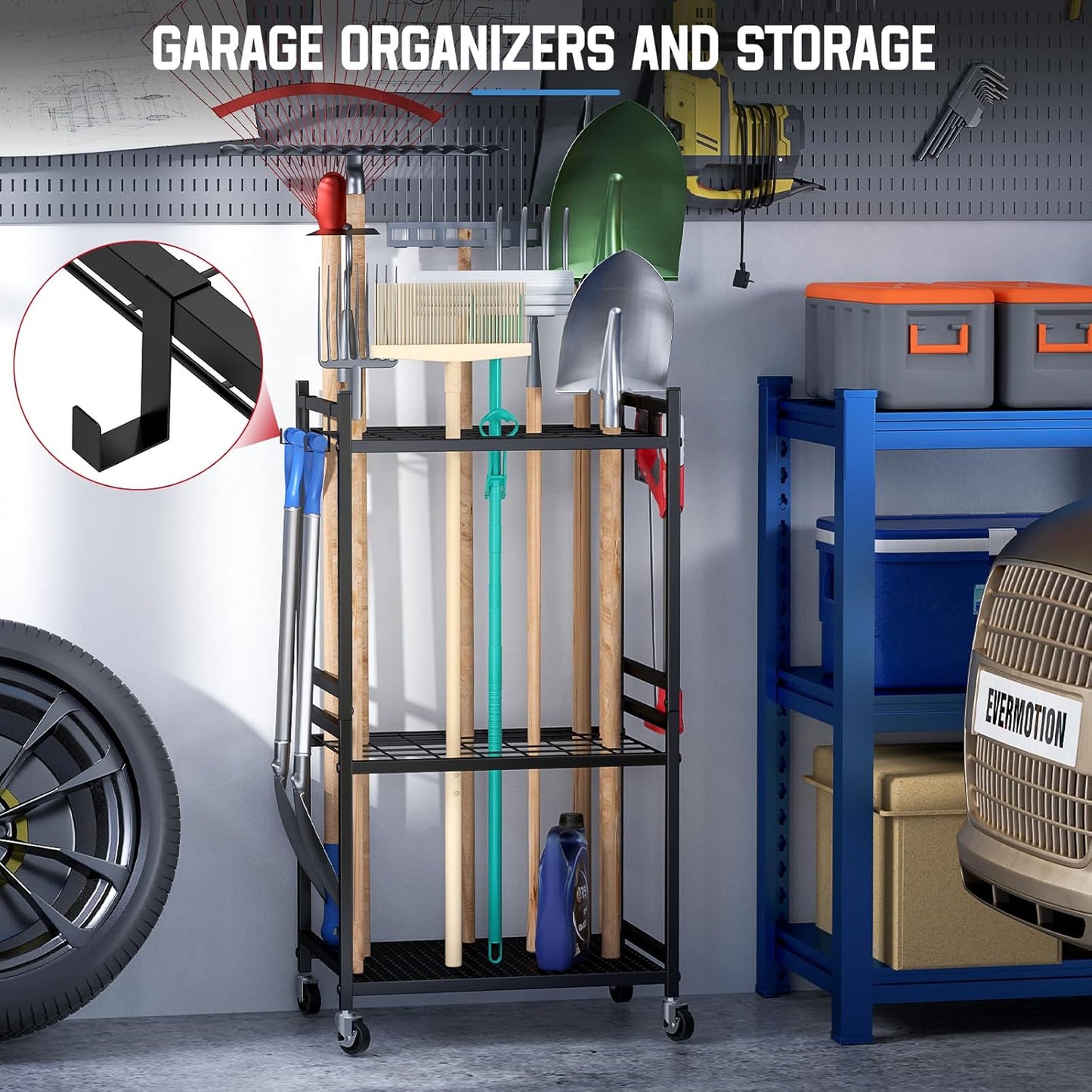 Garden Organizer With Wheels - Sturdy Metal Rack for 35 Tools | Outdoor Storage, Black