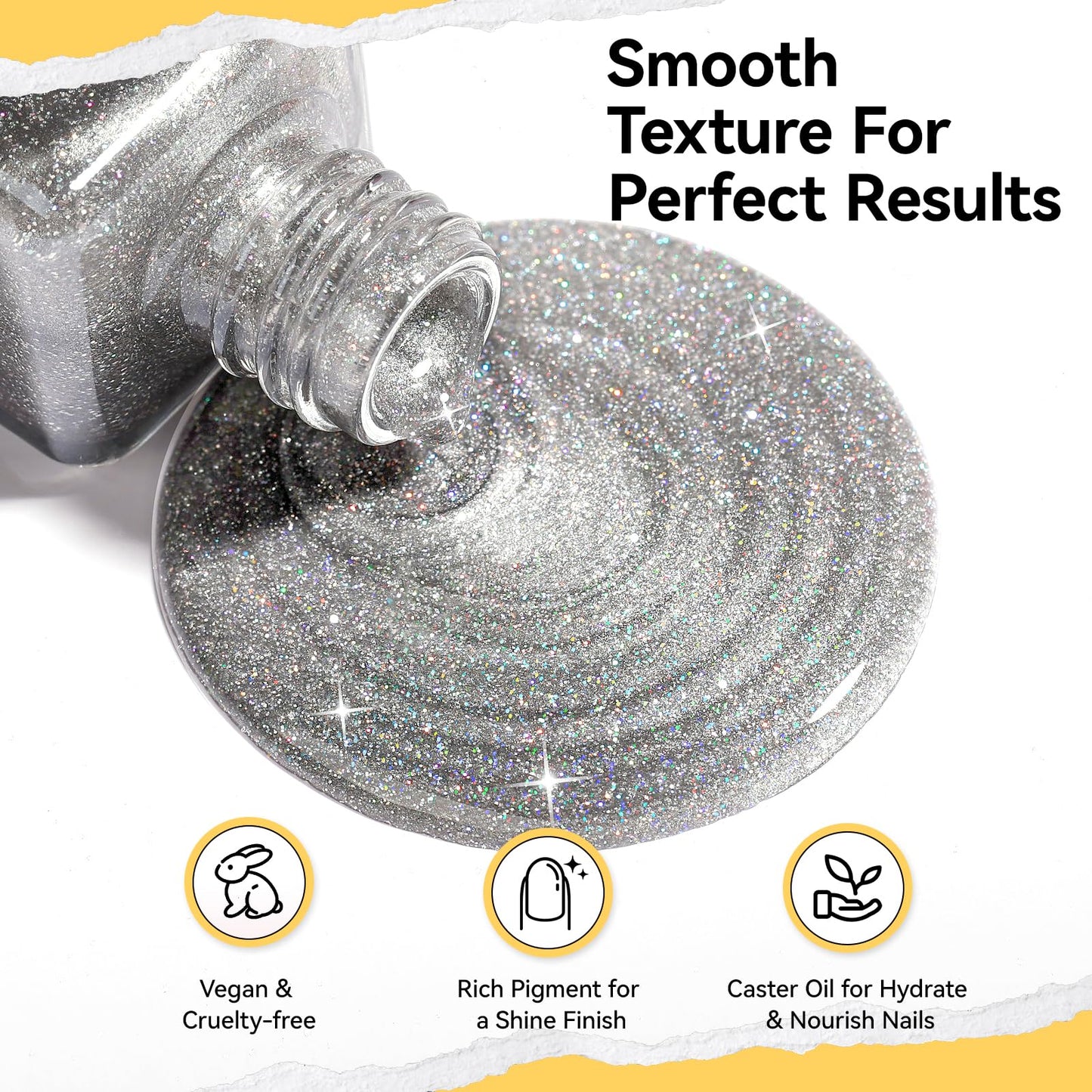 Nailshion Silver Sparkle Nail Polish Castor Oil-Based Glitter Rainbow Sparkly Regular Nail Polish, Fast Air Dry Steak-free Nail Lacquer Vegan Toe Fingernail Polish Nails Art DIY Home