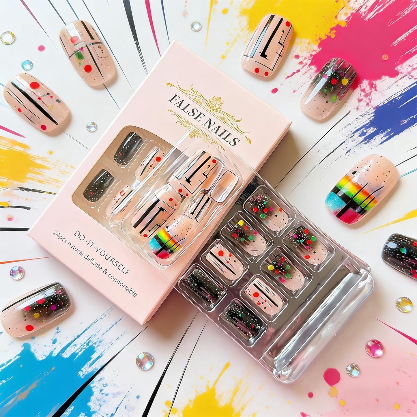 Rainbow Polka Dot Press-On Nails | Medium Square Colorful Acrylic Full Cover | 24 Pcs Reusable Summer Design