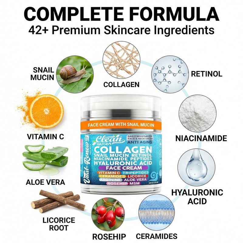 Snail Mucin Collagen Face Cream - Anti-Aging Moisturizer with Retinol & Hyaluronic Acid | 3.52 oz (100g) Korean Skincare
