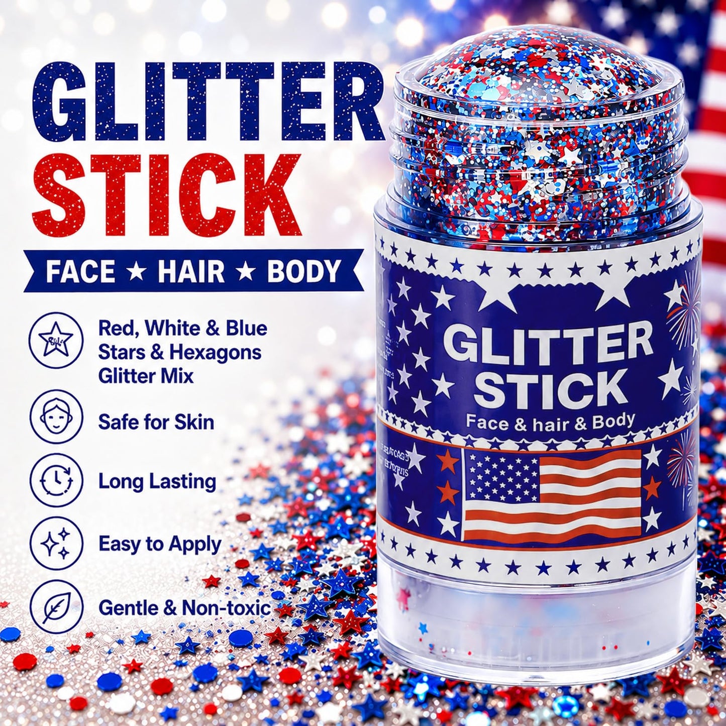 4th of July Hair Glitter Stick with Star,Red White Blue Face Glitter Stick,Fourth of July Body Glitter,Patriotic Outfits and 250th Anniversary Accessories,Independence Day Sparkling Makeup for Women