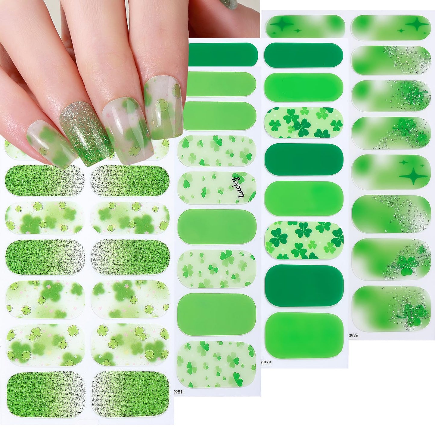 4 Sheets St. Patrick 's Day Gel Nail Stickers Irish Lucky Shamrock Nail Wraps Stickers Green Glitter French Nail Polish Strips Full Wrap Nail Strips Saint Patrick's Day Nails Supply for Women Manicure