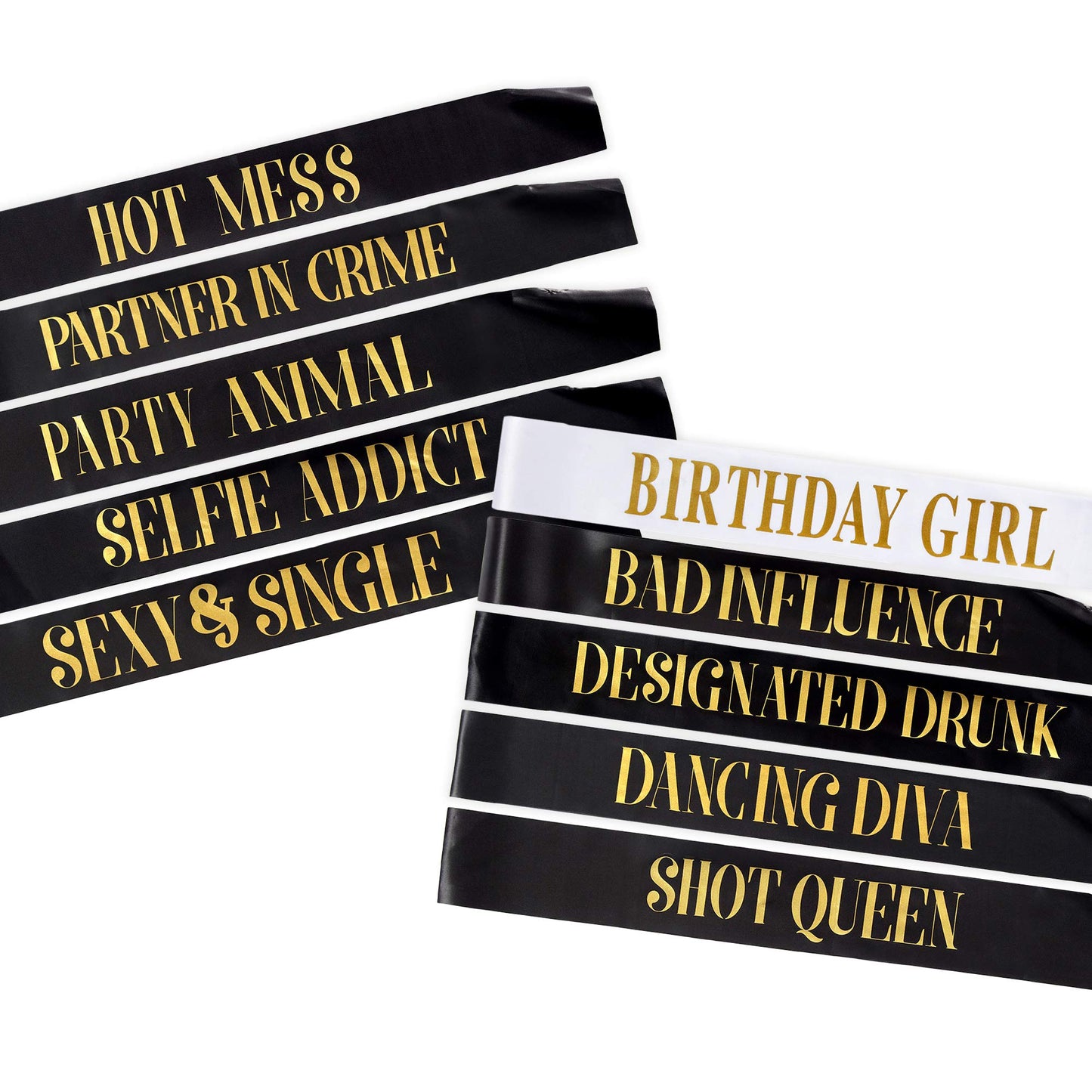 Pop Fizz Designs Birthday Sashes for Women – 10 Pack | 1 Birthday Girl Sash & 9 Funny Party Sashes for the Queen and Your Squad