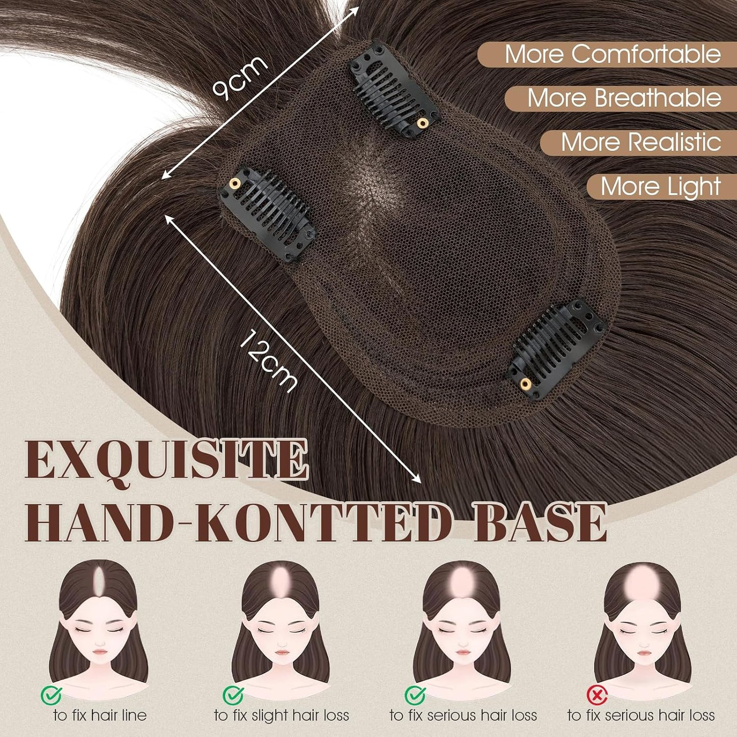 Human Hair Topper - 360° 3D Ultra Thin Clip-In Crown Piece for Thinning Gray Hair | 12 Inch Mocha Brown, 35 Grams
