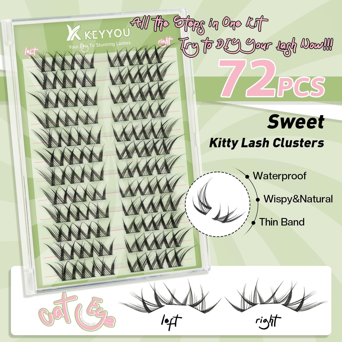 KEYYOU Bunny Lash Clusters Kit Anime Cat Eye Lashes Wispy Natural Cat style Lash Extension Kit with Bond and Seal,Applicators,Remover for Manga DIY Eyelash Extension Kit at Home（MC01）