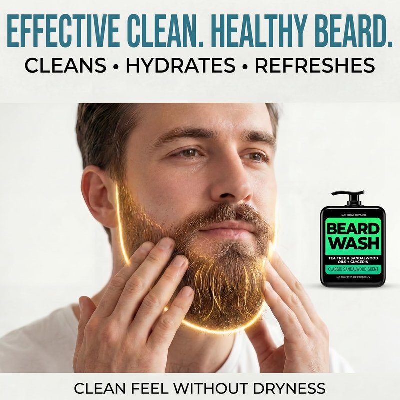 Safiora Rivaro Beard Wash for Men with Tea Tree & Sandalwood – Hydrating Beard Shampoo Softener for Coarse Hair, Grooming Cleanser for Daily Care Routine – Moisturizing Wash for Black Men (5 Fl Oz)
