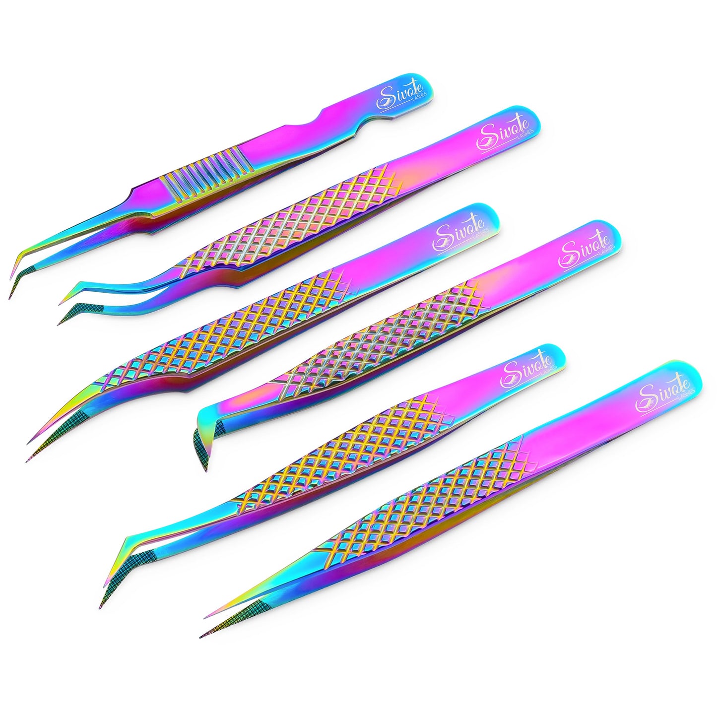 SIVOTE Eyelash Extension Tweezers Fiber Tips Japanese Steel, Set of 6 – Curved, Dolphin, 90° 45° Volume Boot & Slight Curved Tweezer – Professional Lash Tweezers for Lash Extensions Rainbow