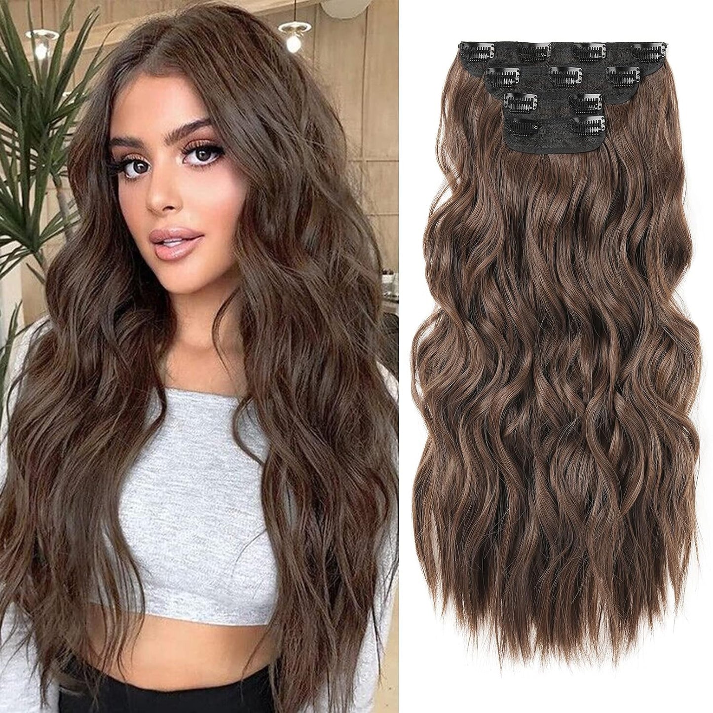 Clip-In Hair Extensions - 4PCS Natural Soft Synthetic Hairpieces for Women | Chocolate Brown