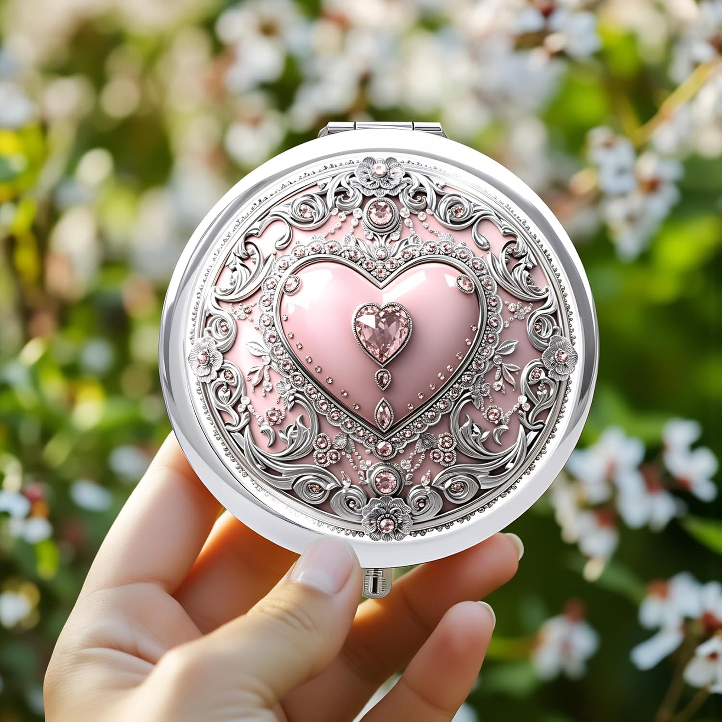 Silver Compact Mirror - Double-Sided Folding Makeup Mirror with Pink Heart Design | 2.8x2.8 Inch Ideal Gift for Women