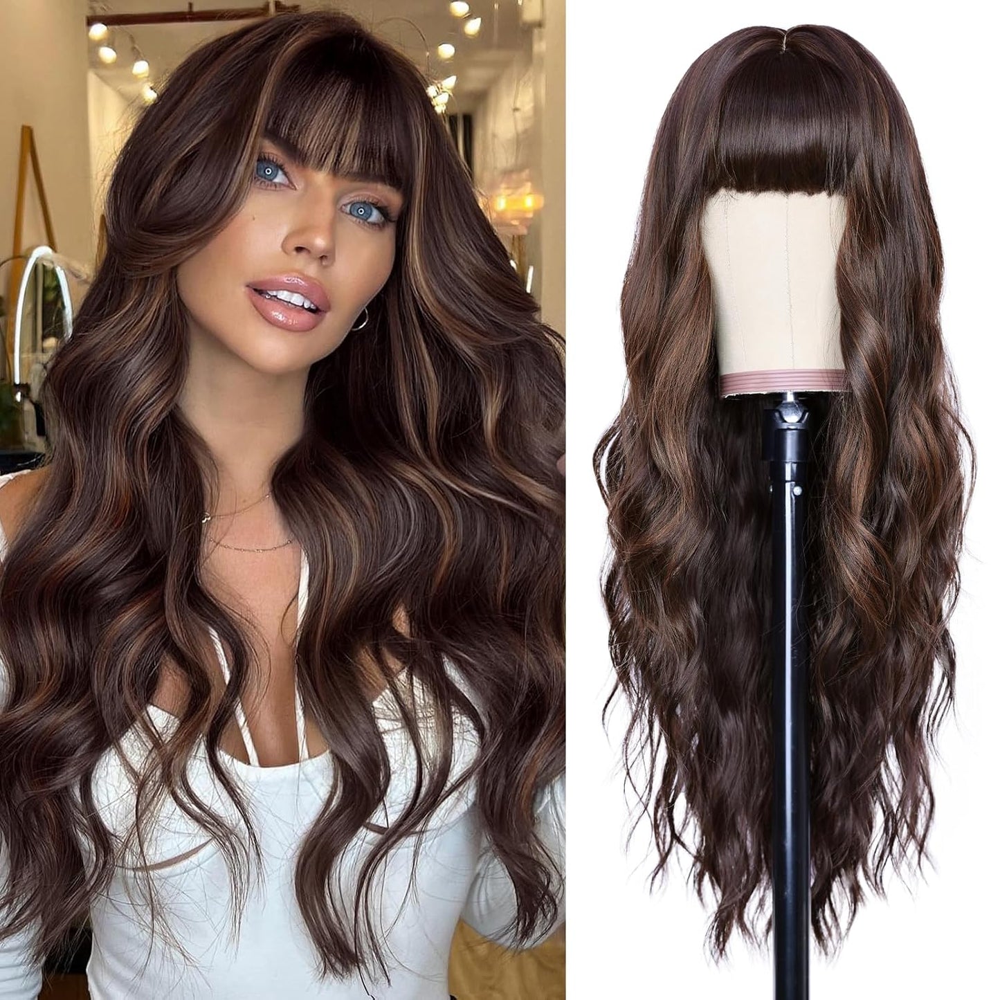 NAYOO Brown Wigs for Women - Long Curly Wavy Hair | Heat Resistant Synthetic Fiber, 24 Inches