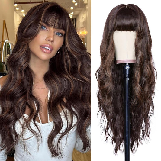 NAYOO Brown Wigs for Women - Long Curly Wavy Hair | Heat Resistant Synthetic Fiber, 24 Inches