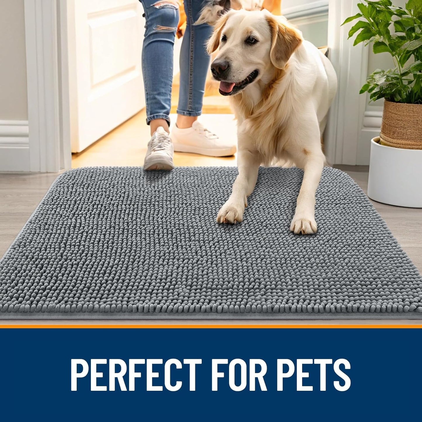 Dog Door Mat for Muddy Paws - Absorbent Non-Slip Washable Chenille Doormat | 30x20 Grey