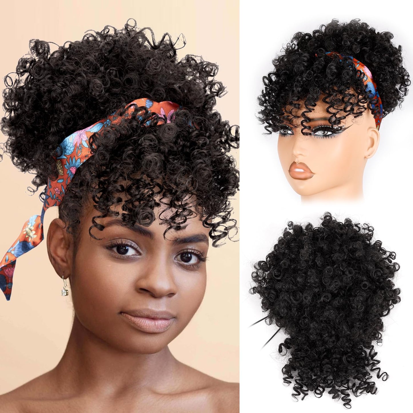 Drawstring Ponytail for Black Women - Afro Puff Kinky Curly Hair Extension with Bangs | Grey Updo