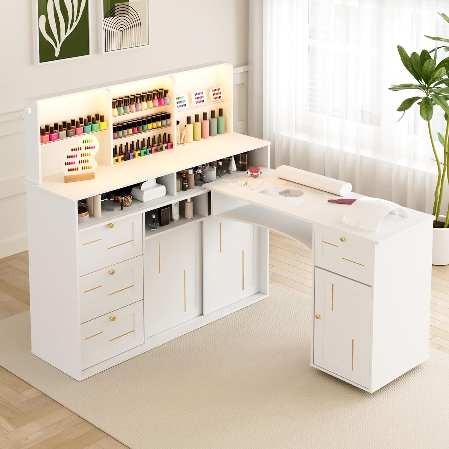 L-Shaped Manicure Table with Dust Collector - LED Light & Storage Cabinets | Home Spa Nail Desk in White