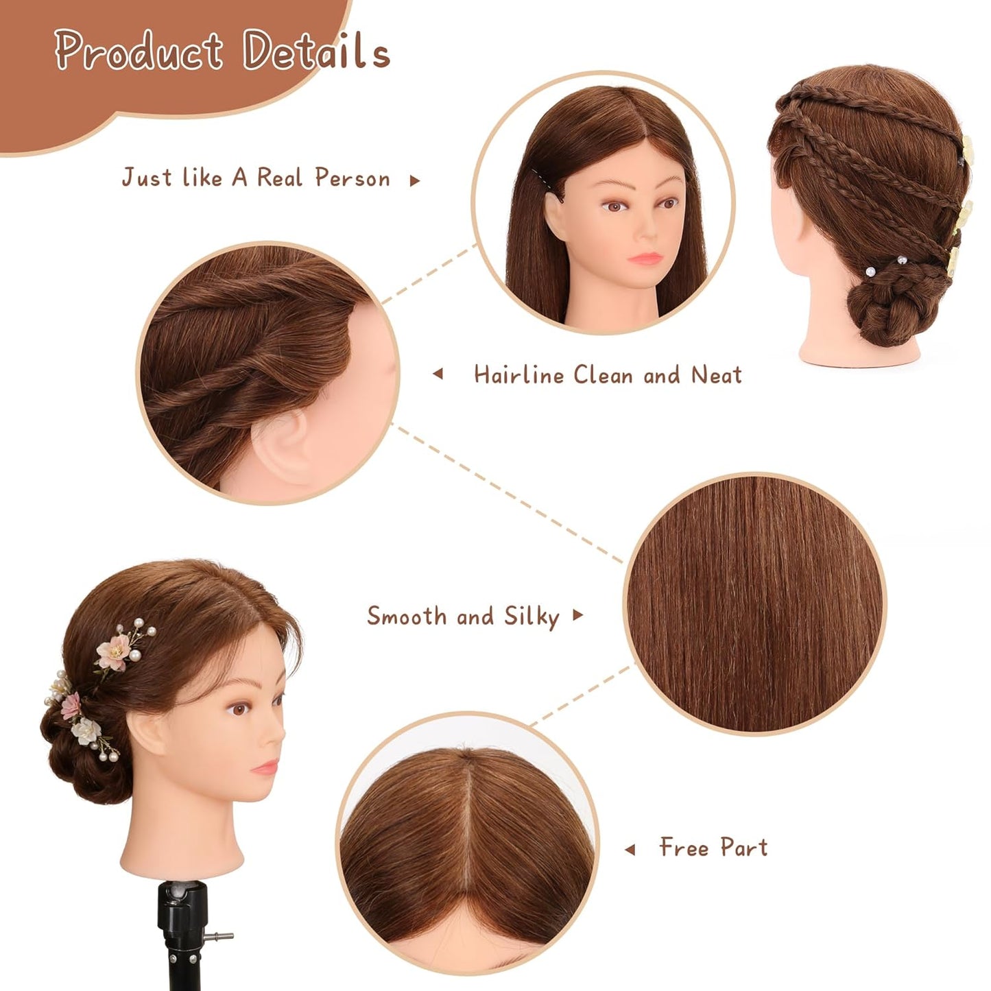Human Hair Mannequin Head - 22"-24" Cosmetology Training Head with Tripod Stand & Clamp Holder for Styling, Braiding, Cutting