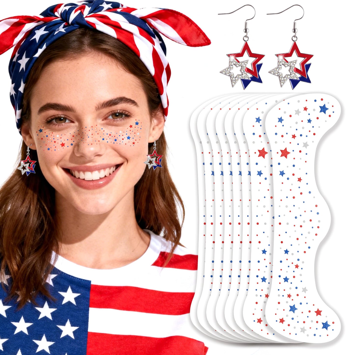Paminify Red White Blue Glitter Freckles Face Tattoos,Independence Day Patriotic American Flag Star Earrings,4th of July Outfit for Women,Fourth of July Accessories