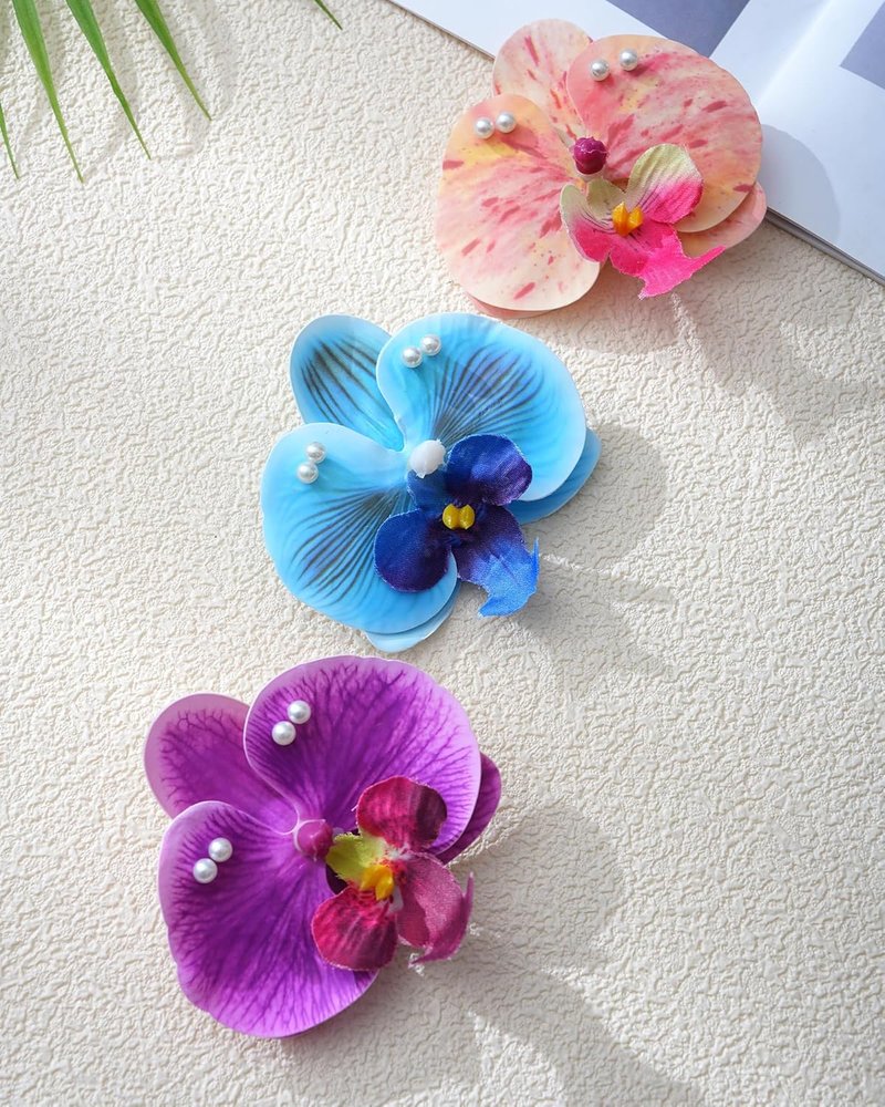 Hawaiian Flower Hair Clips - 3 Pack Tropical Orchid Pins with Pearl | Bridal & Beach Party Accessories (Blue, Purple, Pink)