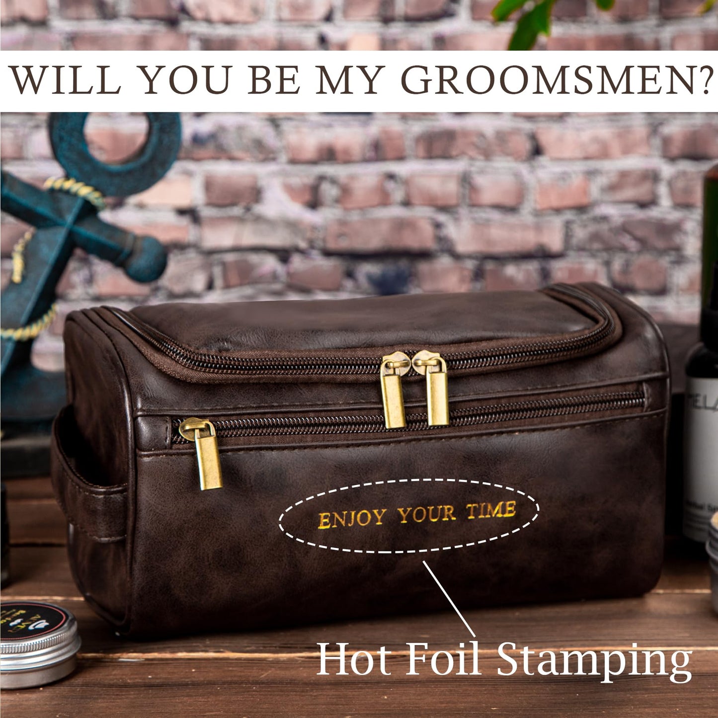 Flycalf Personalized Mens Toiletry Bag for Men ENJOY YOUR TIME Gold Foil Stamped Leather Travel Shaving Dopp Kit Groomsmen Gifts Dad Husband Boyfriend Wedding Birthday (Coffee)