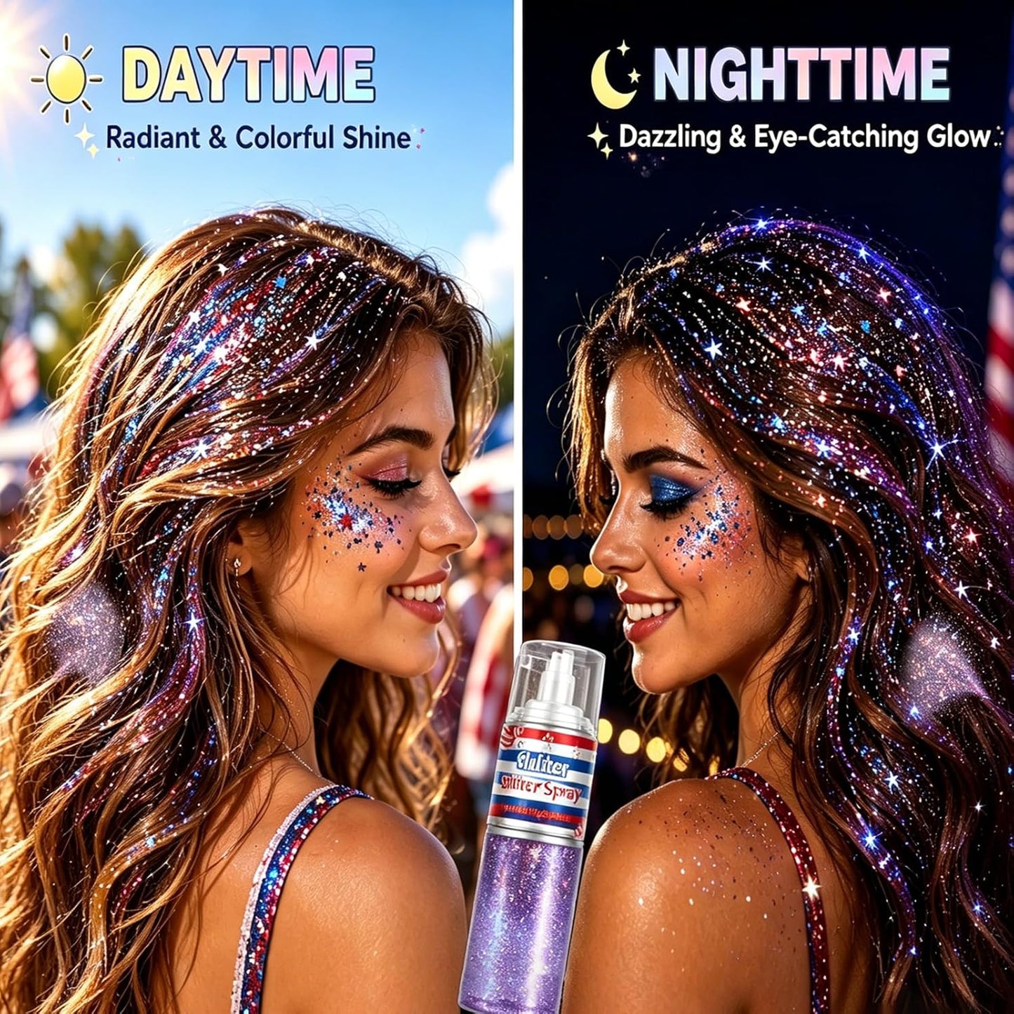 Red White Blue Glitter Spray - Patriotic Hair & Body Shimmer for 4th of July | Quick Dry, Lightweight Sparkle for Parties