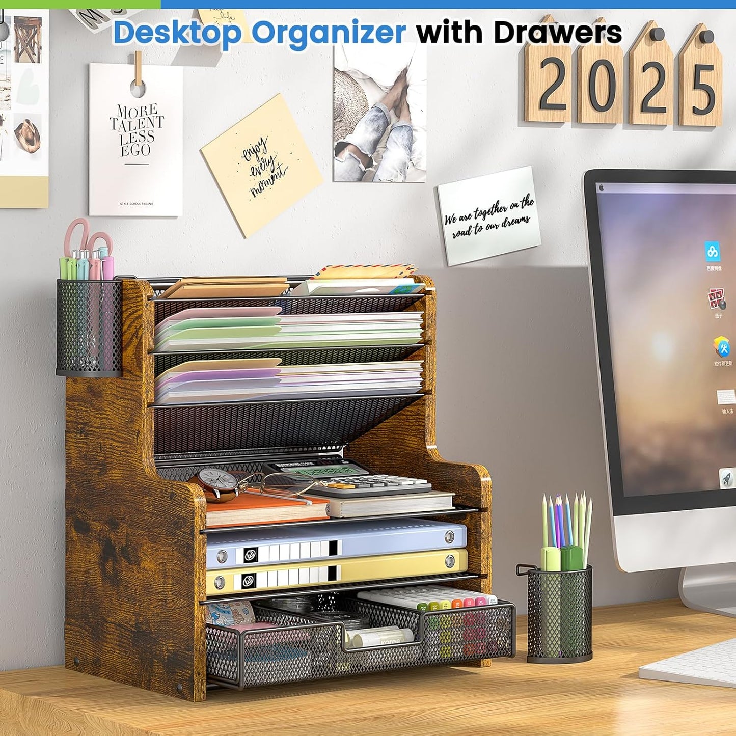 6-Tier Mesh Desk Organizer with Drawer | Sturdy Wooden Office Organizer for Papers & Folders - Space-Saving Design