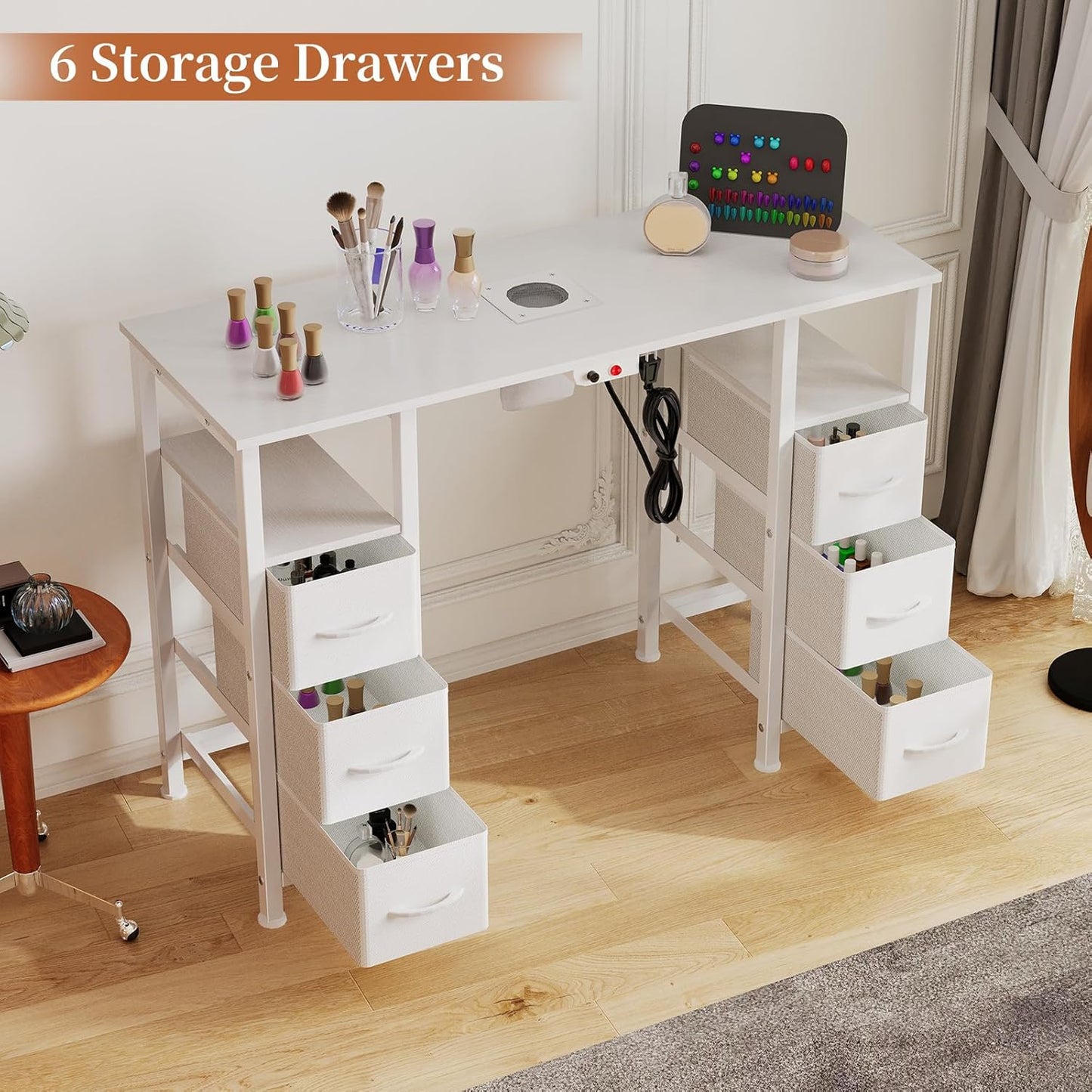 Manicure Table - Nail Tech Desk with Electric Dust Collector & 6 Storage Drawers | White Beauty Workstation