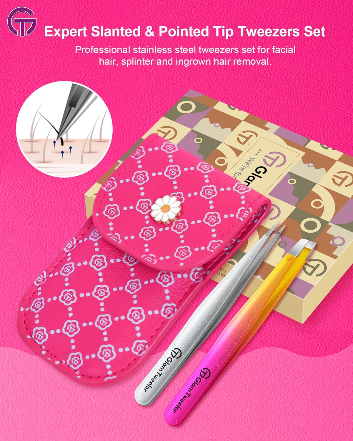 Expert Slant & Point Tip Tweezer Set - Precision Eyebrow Tweezers with Travel Case | Sparkle Hot Pink & Silver
