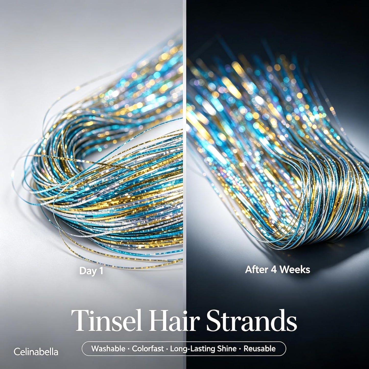 Gradient Hair Tinsel - Galaxy Gold & Turquoise Rainbow | 47 Inch, 3800 Strands, Heat Safe 320°F, No-Fade Sparkle for All Hair Types