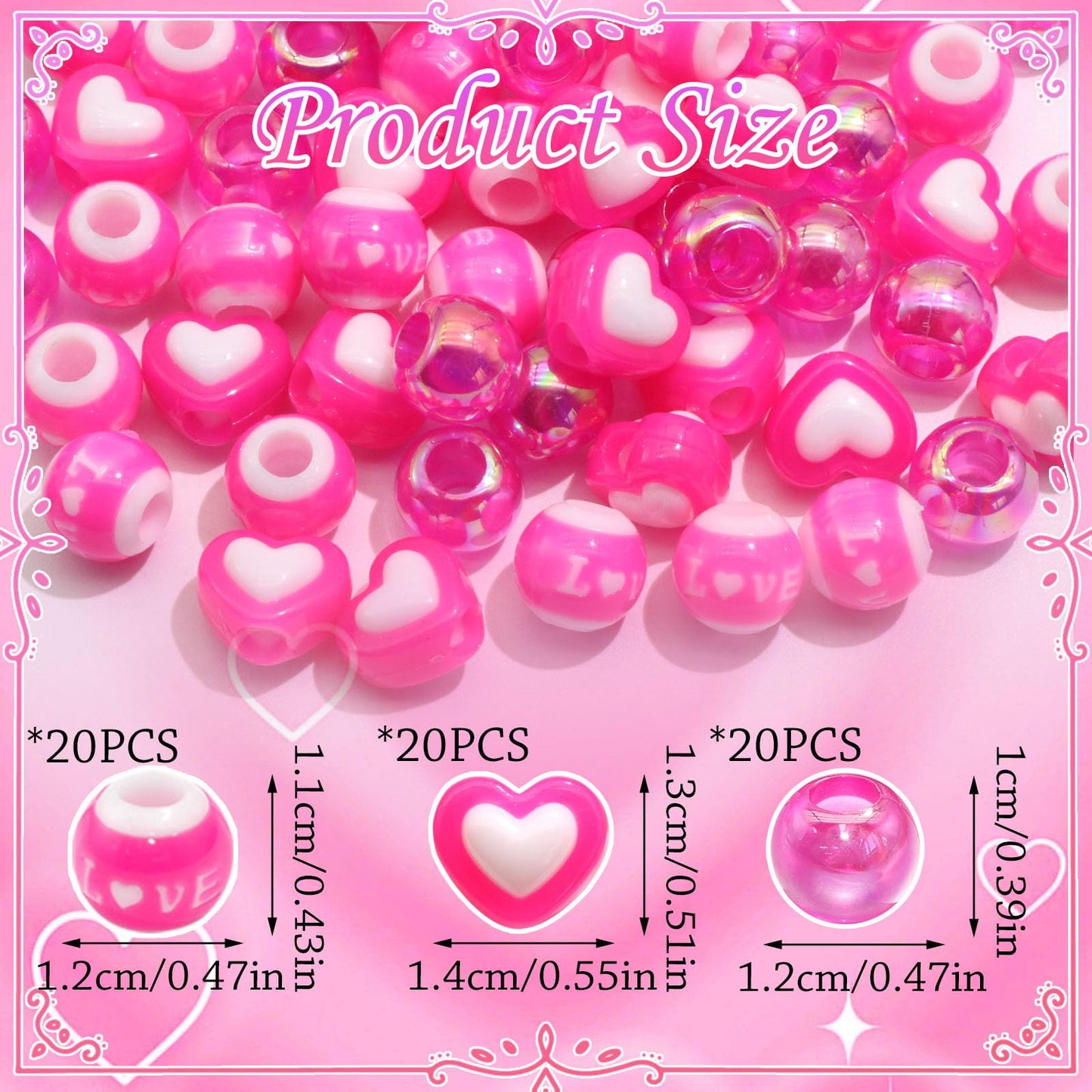 NAISKA 60PCS Hot Pink Heart Beads for Hair Round Beads for Braids Love Loc Dreadlock Jewelry Cute Kids Girls Valentine's Day Hair Braids Accessories