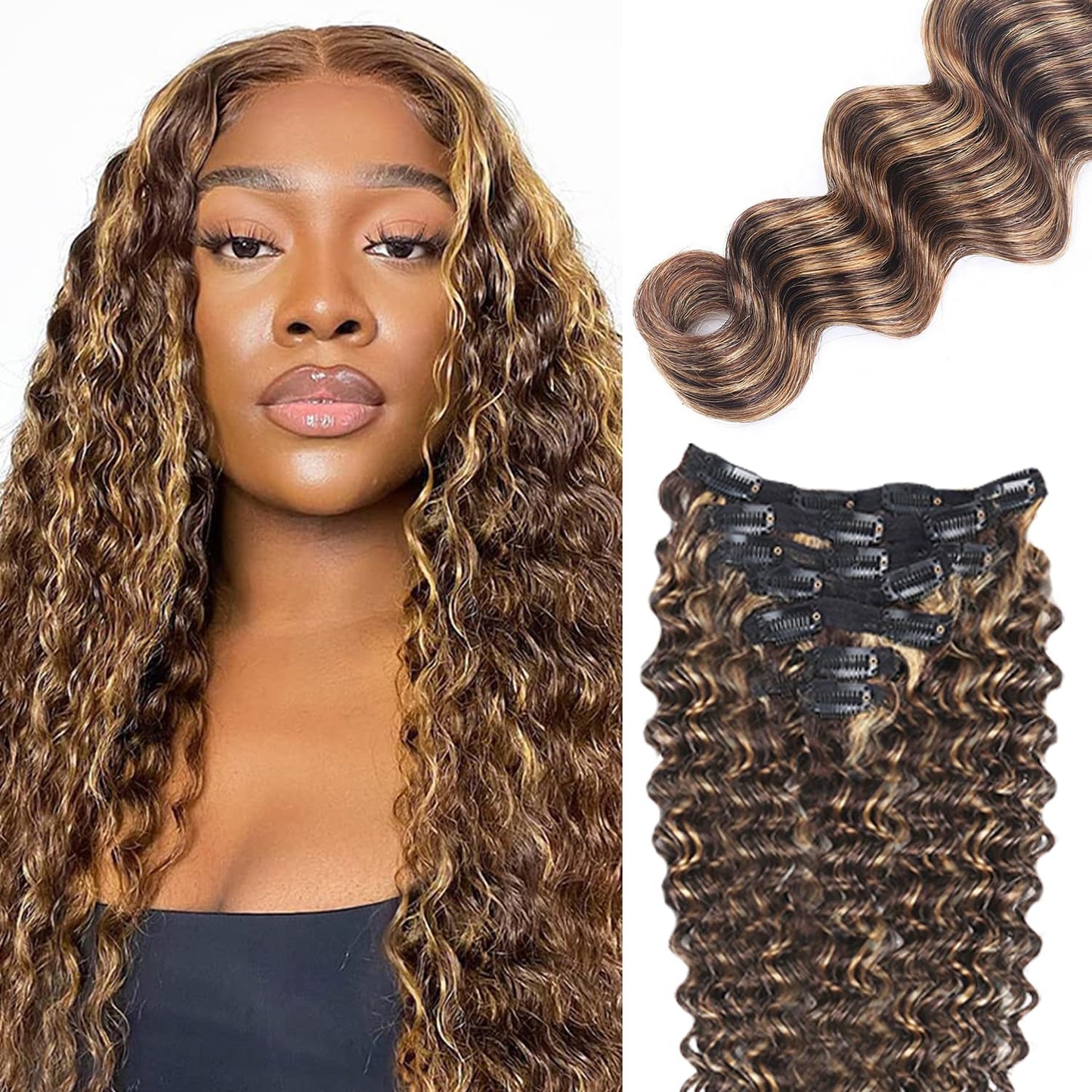 P427 Blonde Clip in Hair Extensions Real Human Hair, 30 Inch 120g/7Pcs,Full Shine Remy Human Hair,Highlight Brown Deep Wave Clip ins Brazilian Virgin Human Hair Extensions